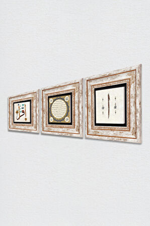 Elif, İlk Ayet 'Oku', Hilye-i Şerif Taş Duvar Tablosu Çerçeveli Duvar Dekoru 3 Parça Tablo Seti Wall Art