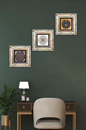 Sri Yantra, Yaşam Çiçeği, Nazar Boncuğu Taş Duvar Tablosu Çerçeveli Duvar Dekoru 3 Parça Tablo Seti Wall Art