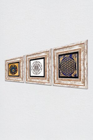 Sri Yantra, Yaşam Çiçeği, Nazar Boncuğu Taş Duvar Tablosu Çerçeveli Duvar Dekoru 3 Parça Tablo Seti Wall Art