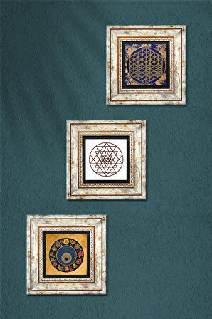 Sri Yantra, Yaşam Çiçeği, Nazar Boncuğu Taş Duvar Tablosu Çerçeveli Duvar Dekoru 3 Parça Tablo Seti Wall Art