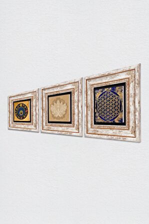 Lotus Çiçeği, Yaşam Çiçeği, Nazar Taş Duvar Tablosu Çerçeveli Duvar Dekoru 3 Parça Tablo Seti Wall Art