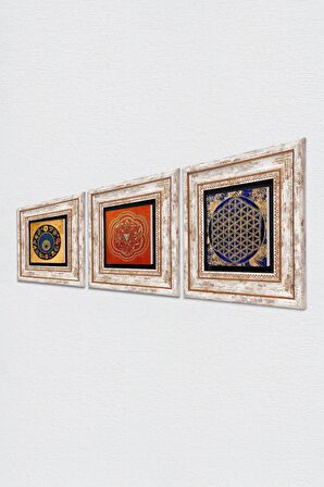 Yaşam Çiçeği, Sri Yantra, Nazar Boncuğu Taş Duvar Tablosu Çerçeveli Duvar Dekoru 3 Parça Tablo Seti Wall Art