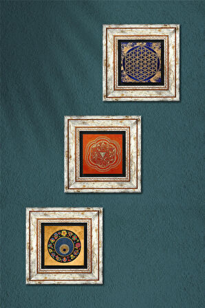 Yaşam Çiçeği, Sri Yantra, Nazar Boncuğu Taş Duvar Tablosu Çerçeveli Duvar Dekoru 3 Parça Tablo Seti Wall Art