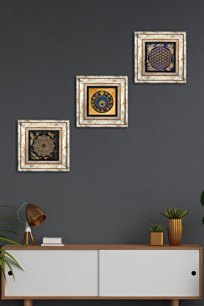 Sri Yantra, Yaşam Çiçeği, Nazar Boncuğu Taş Duvar Tablosu Çerçeveli Duvar Dekoru 3 Parça Tablo Seti Wall Art