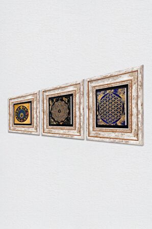Sri Yantra, Yaşam Çiçeği, Nazar Boncuğu Taş Duvar Tablosu Çerçeveli Duvar Dekoru 3 Parça Tablo Seti Wall Art
