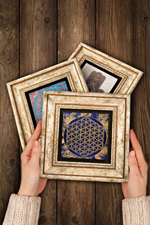 Sri Yantra, Yaşam Çiçeği, Nazar Boncuğu Taş Duvar Tablosu Çerçeveli Duvar Dekoru 3 Parça Tablo Seti Wall Art