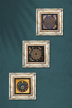 Sri Yantra, Yaşam Çiçeği, Nazar Boncuğu Taş Duvar Tablosu Çerçeveli Duvar Dekoru 3 Parça Tablo Seti Wall Art