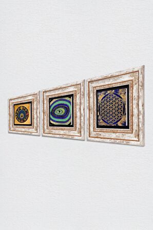 Nazar, Yaşam Çiçeği Taş Duvar Tablosu Çerçeveli Duvar Dekoru 3 Parça Tablo Seti Wall Art