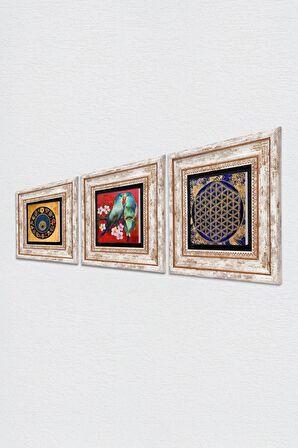 Kuş, Yaşam Çiçeği, Nazar Taş Duvar Tablosu Çerçeveli Duvar Dekoru 3 Parça Tablo Seti Wall Art