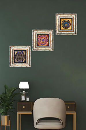 Mandala, Yaşam Çiçeği, Nazar Taş Duvar Tablosu Çerçeveli Duvar Dekoru 3 Parça Tablo Seti Wall Art