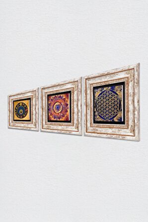 Mandala, Yaşam Çiçeği, Nazar Taş Duvar Tablosu Çerçeveli Duvar Dekoru 3 Parça Tablo Seti Wall Art