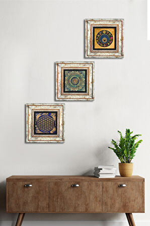 Mandala, Yaşam Çiçeği, Nazar Taş Duvar Tablosu Çerçeveli Duvar Dekoru 3 Parça Tablo Seti Wall Art