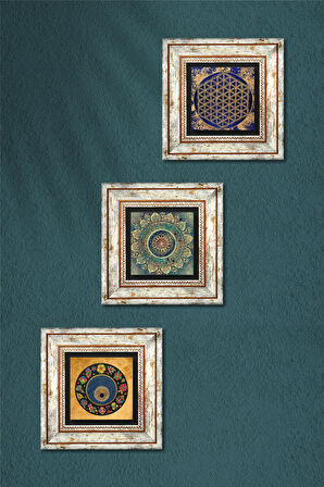 Mandala, Yaşam Çiçeği, Nazar Taş Duvar Tablosu Çerçeveli Duvar Dekoru 3 Parça Tablo Seti Wall Art