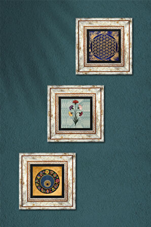 Ebru Sanatı, Yaşam Çiçeği, Nazar Taş Duvar Tablosu Çerçeveli Duvar Dekoru 3 Parça Tablo Seti Wall Art