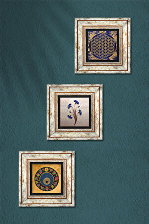 Ebru Sanatı, Yaşam Çiçeği, Nazar Taş Duvar Tablosu Çerçeveli Duvar Dekoru 3 Parça Tablo Seti Wall Art