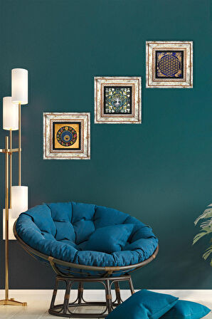 Hayat Ağacı, Yaşam Çiçeği, Nazar Boncuğu Taş Duvar Tablosu Çerçeveli Duvar Dekoru 3 Parça Tablo Seti Wall Art