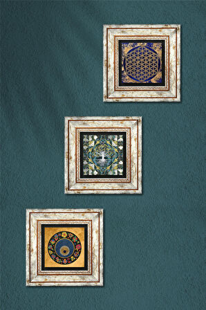 Hayat Ağacı, Yaşam Çiçeği, Nazar Boncuğu Taş Duvar Tablosu Çerçeveli Duvar Dekoru 3 Parça Tablo Seti Wall Art