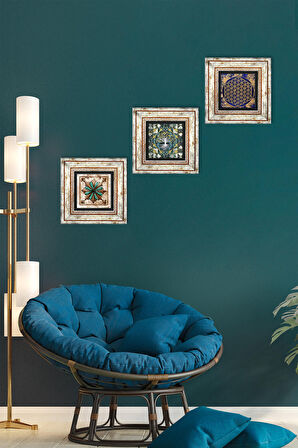 Hayat Ağacı, Yaşam Çiçeği, Fas Desenli Vintage Taş Duvar Tablosu Çerçeveli Duvar Dekoru 3 Parça Tablo Seti Wall Art