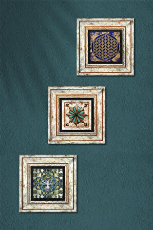 Hayat Ağacı, Yaşam Çiçeği, Fas Desenli Vintage Taş Duvar Tablosu Çerçeveli Duvar Dekoru 3 Parça Tablo Seti Wall Art