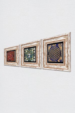 Hayat Ağacı, Yaşam Çiçeği, Desen Taş Duvar Tablosu Çerçeveli Duvar Dekoru 3 Parça Tablo Seti Wall Art