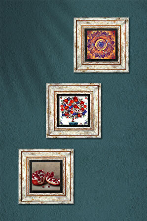 Mandala, Nar, Nar Ağacı Taş Duvar Tablosu Çerçeveli Duvar Dekoru 3 Parça Tablo Seti Wall Art