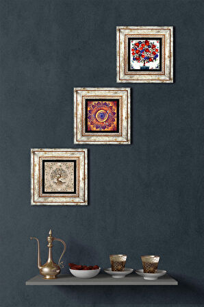 Mandala, Hayat Ağacı, Nar Ağacı Taş Duvar Tablosu Çerçeveli Duvar Dekoru 3 Parça Tablo Seti Wall Art