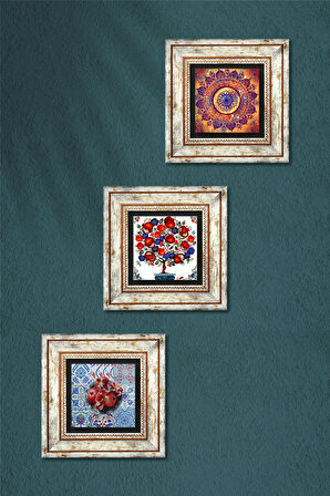 Mandala, Nar, Nar Ağacı Taş Duvar Tablosu Çerçeveli Duvar Dekoru 3 Parça Tablo Seti Wall Art