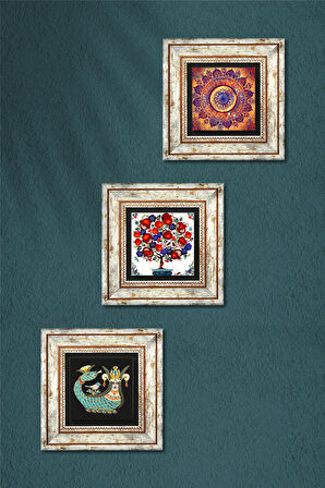 Mandala, Şahmeran, Nar Ağacı Taş Duvar Tablosu Çerçeveli Duvar Dekoru 3 Parça Tablo Seti Wall Art