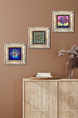 Mandala, Hayat Ağacı Taş Duvar Tablosu Çerçeveli Duvar Dekoru 3 Parça Tablo Seti Wall Art