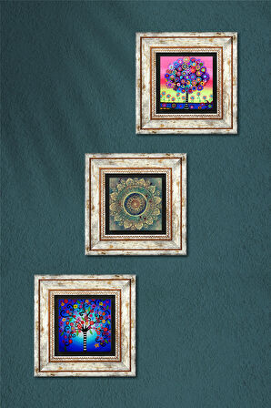 Mandala, Hayat Ağacı Taş Duvar Tablosu Çerçeveli Duvar Dekoru 3 Parça Tablo Seti Wall Art