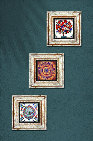 Mandala, Çini Sanatı, Nar Ağacı Taş Duvar Tablosu Çerçeveli Duvar Dekoru 3 Parça Tablo Seti Wall Art