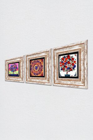 Mandala, Hayat Ağacı, Nar Ağacı Taş Duvar Tablosu Çerçeveli Duvar Dekoru 3 Parça Tablo Seti Wall Art