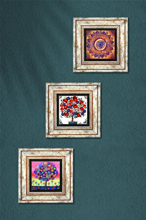 Mandala, Hayat Ağacı, Nar Ağacı Taş Duvar Tablosu Çerçeveli Duvar Dekoru 3 Parça Tablo Seti Wall Art