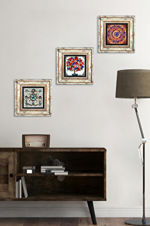 Mandala, Çini Sanatı, Nar Ağacı Taş Duvar Tablosu Çerçeveli Duvar Dekoru 3 Parça Tablo Seti Wall Art