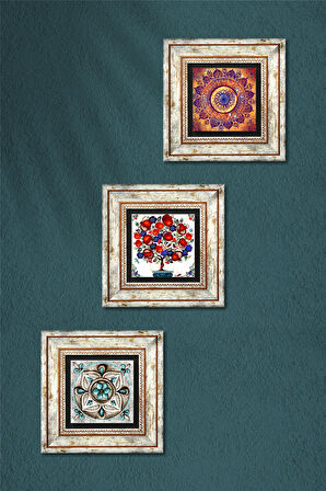 Mandala, Çini Sanatı, Nar Ağacı Taş Duvar Tablosu Çerçeveli Duvar Dekoru 3 Parça Tablo Seti Wall Art