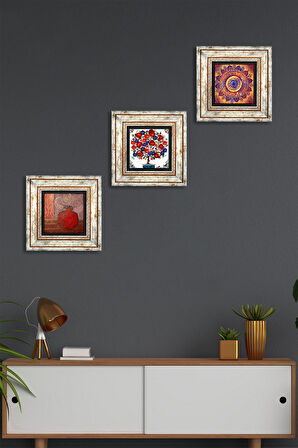 Mandala, Nar, Nar Ağacı Taş Duvar Tablosu Çerçeveli Duvar Dekoru 3 Parça Tablo Seti Wall Art