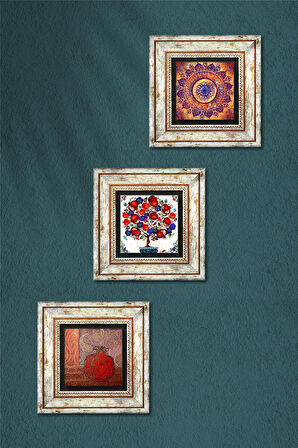 Mandala, Nar, Nar Ağacı Taş Duvar Tablosu Çerçeveli Duvar Dekoru 3 Parça Tablo Seti Wall Art