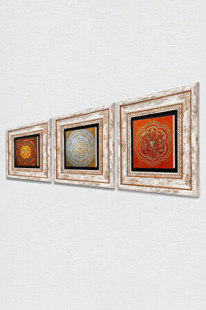 Sri Yantra Taş Duvar Tablosu Çerçeveli Duvar Dekoru 3 Parça Tablo Seti Wall Art