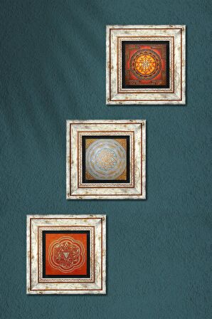 Sri Yantra Taş Duvar Tablosu Çerçeveli Duvar Dekoru 3 Parça Tablo Seti Wall Art