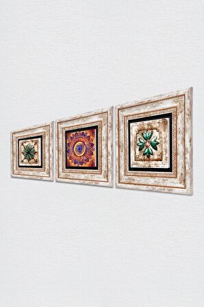 Mandala, Fas Desenli Vintage Taş Duvar Tablosu Çerçeveli Duvar Dekoru 3 Parça Tablo Seti Wall Art