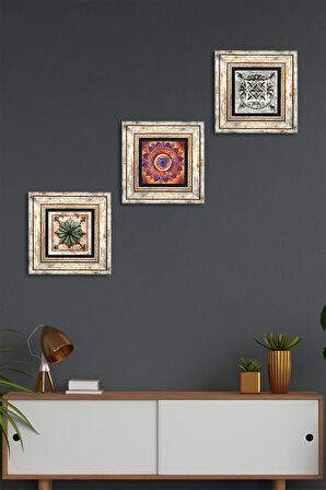 Mandala, Fas Desenli Vintage, Çini Sanatı Taş Duvar Tablosu Çerçeveli Duvar Dekoru 3 Parça Tablo Seti Wall Art