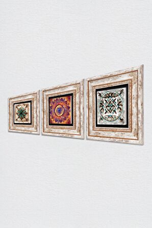 Mandala, Fas Desenli Vintage, Çini Sanatı Taş Duvar Tablosu Çerçeveli Duvar Dekoru 3 Parça Tablo Seti Wall Art