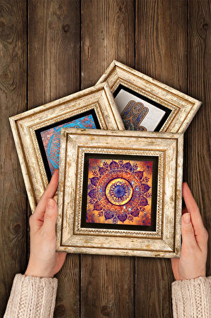 Mandala, Fas Desenli Vintage, Çini Sanatı Taş Duvar Tablosu Çerçeveli Duvar Dekoru 3 Parça Tablo Seti Wall Art
