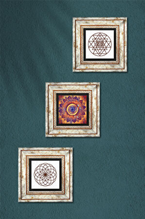 Mandala, Yaşam Çiçeği, Sri Yantra Taş Duvar Tablosu Çerçeveli Duvar Dekoru 3 Parça Tablo Seti Wall Art