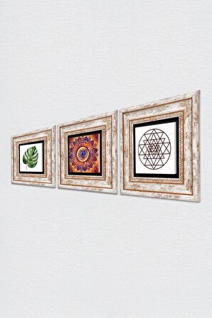 Mandala, Yaprak, Sri Yantra Taş Duvar Tablosu Çerçeveli Duvar Dekoru 3 Parça Tablo Seti Wall Art