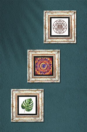 Mandala, Yaprak, Sri Yantra Taş Duvar Tablosu Çerçeveli Duvar Dekoru 3 Parça Tablo Seti Wall Art