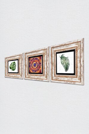 Mandala, Yaprak Taş Duvar Tablosu Çerçeveli Duvar Dekoru 3 Parça Tablo Seti Wall Art