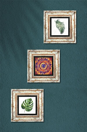Mandala, Yaprak Taş Duvar Tablosu Çerçeveli Duvar Dekoru 3 Parça Tablo Seti Wall Art