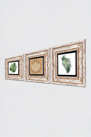 Yaprak, Lotus Çiçeği Taş Duvar Tablosu Çerçeveli Duvar Dekoru 3 Parça Tablo Seti Wall Art