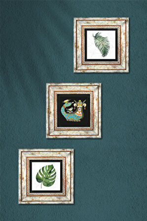 Yaprak, Şahmeran Taş Duvar Tablosu Çerçeveli Duvar Dekoru 3 Parça Tablo Seti Wall Art